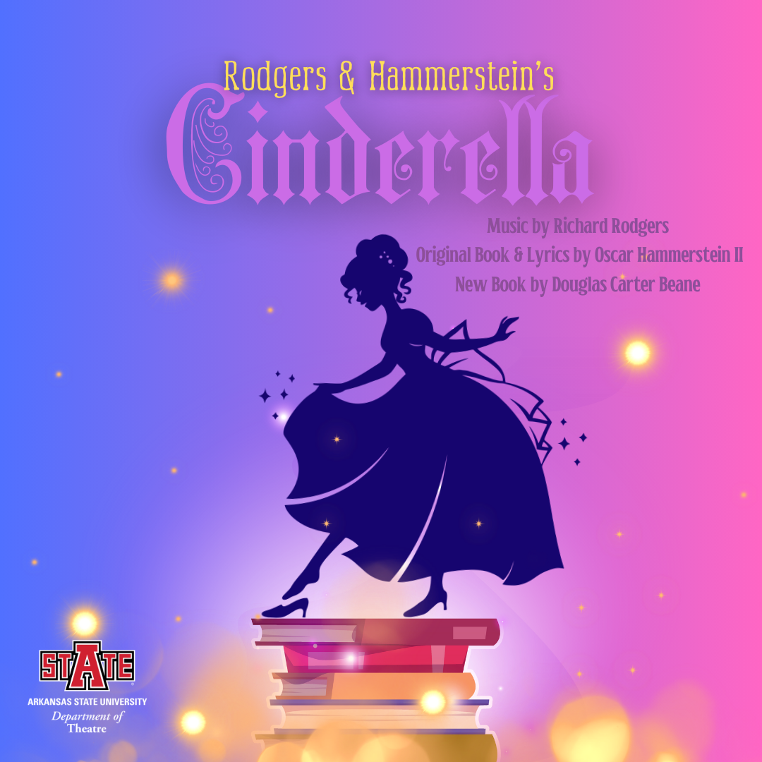 poster with a view of a silhouette of Cinderella standing on a stack of books, slipping her foot into the glass slipper, along with the play title